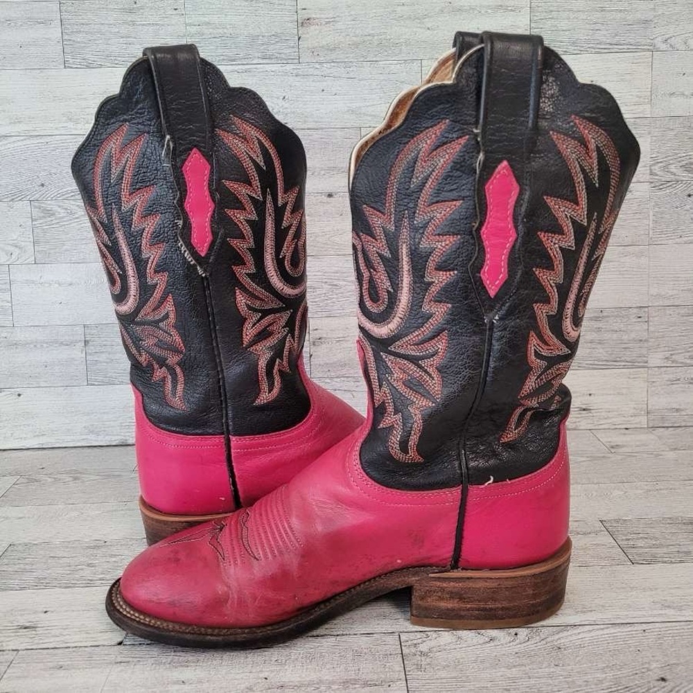 Women's Lucchese 2000 Western Pink Black Leather Rodeo Cowboy Boots Size 7 B - Picture 7 of 9
